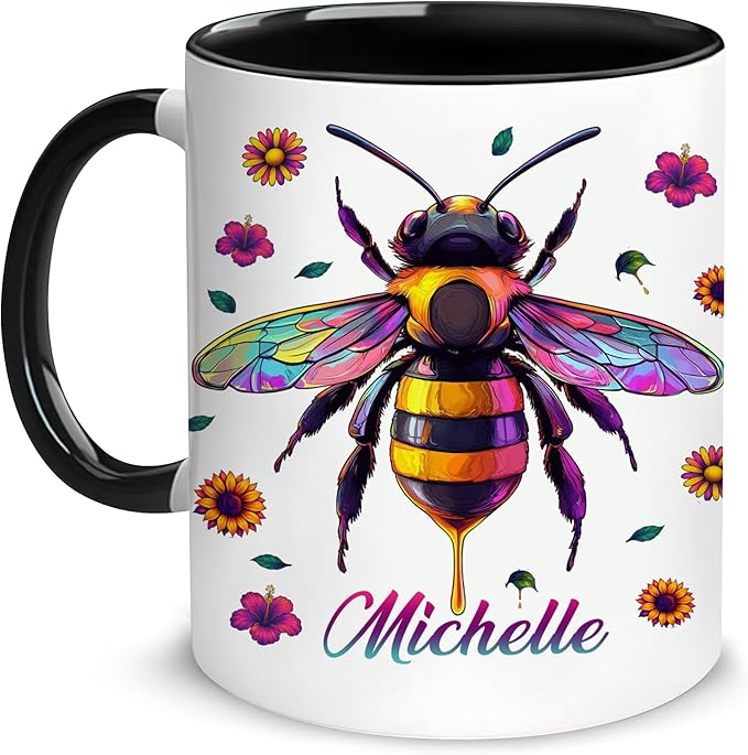 Hyturtle Personalized Colorful Bee Mug - Bee Keeper Gifts For Women Lovers Teacher - Honey Gifts For Beekeeper Farmer On Birthday - Queen Honeycomb Decor - Custom Coffee Cup Ceramic Mug 11 Oz 15 Oz