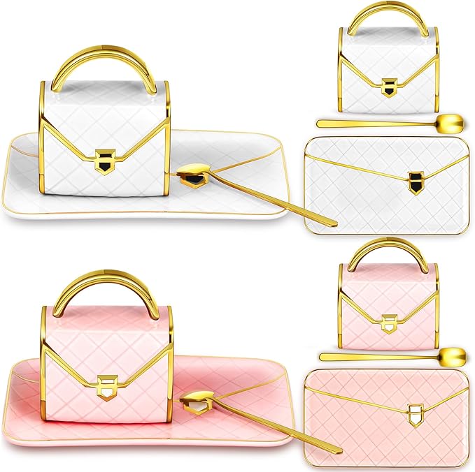 Zubebe 2 Sets Coffee Mug Elegant Handbag Shaped Cup Modern Ceramic Purse Mug with Spoon and Saucer, 10oz Cute Creative Tea Cup for Office Home Woman Girls Gift (Pink and White)