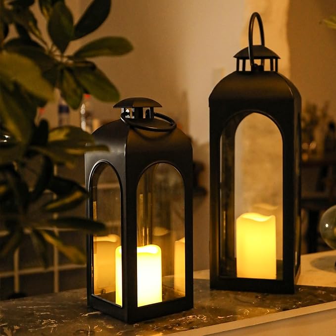 Bdor 2 Pack 16 Inches Metal and Tempered Glass Decorative Lantern with Electronic Wax Effect - Indoor/Outdoor Decorative Lighting, Handcrafted Aesthetic, Perfect for Home, Parties, and Holiday Decor