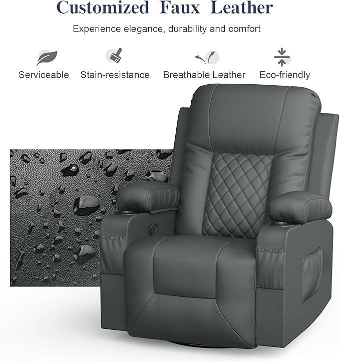 Recliner Chairs for Adults, Massage Rocker with Heated Modern Ergonomic Lounge 360 Degree Swivel Single Sofa Seat Living Room Lounge Recliners Gray