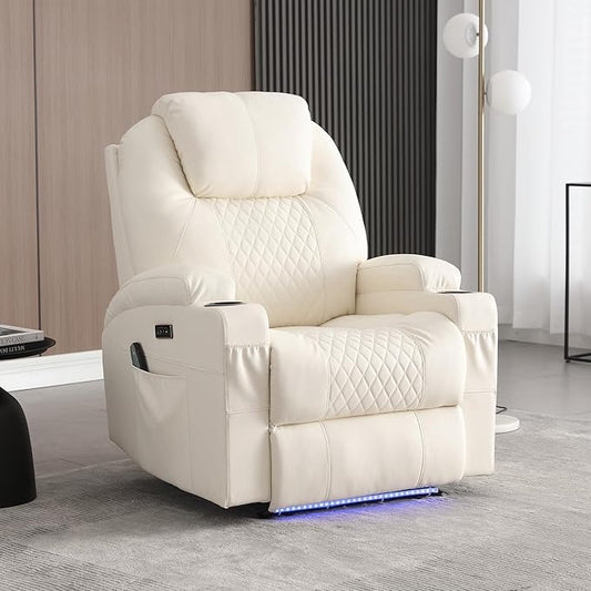Power Recliner Chair with Heat and Massage, PU Leather Home Theater Seating with LED Lights/Cup Holders/Side Pocket/USB Port, Reclining Sofa Chair for Living Room (1, Beige)