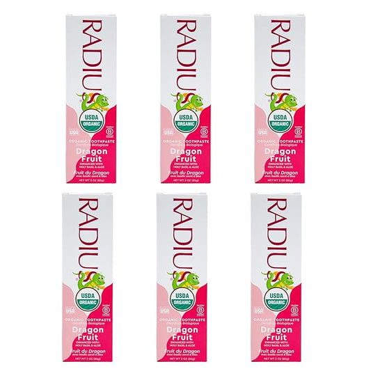 RADIUS USDA Organic Kids Toothpaste 3oz Non Toxic Chemical-Free Gluten-Free Designed to Improve Gum Health for Children's 6 Months and Up - Dragon Fruit - Pack of 6