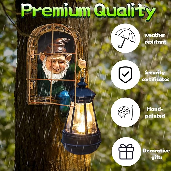 Whimsical Fairy Garden Gnomes with Solar Lights-10 Elf Out The Door Tree Hugger Garden Statues-Outdoor&Yard Decor-Tree Face Sculpture,Ideal Gnomes Gifts - Yard Art for Patio,Fence,Wall