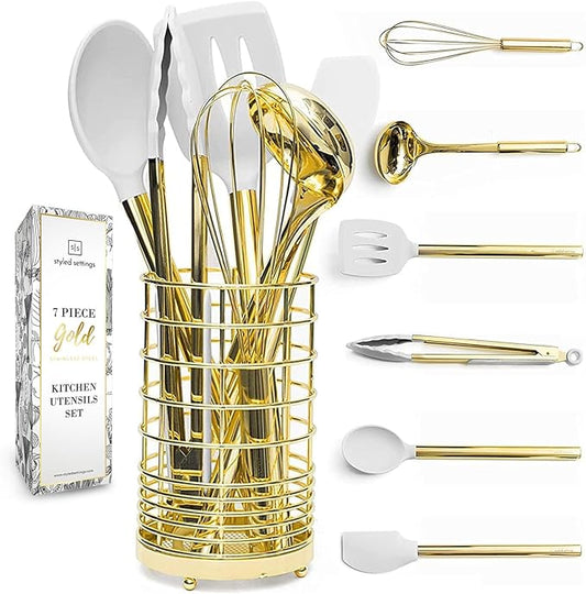 White Silicone and Gold Cooking Utensils Set with Gold Utensil Holder - 7-Piece Silicone Cooking Tools - Ideal for Nonstick Cookware and Stylish Modern Kitchens - Luxury Kitchen Accessories