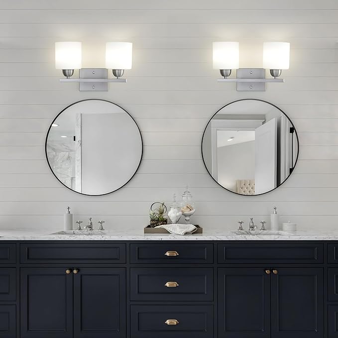 Stainless Steel Milk Glass Vanity Lights for Bathroom, 2 Light Brushed Nickel Bathroom Light Fixtures Over Mirror, Ceramic E26 Sockets Wall Mounted