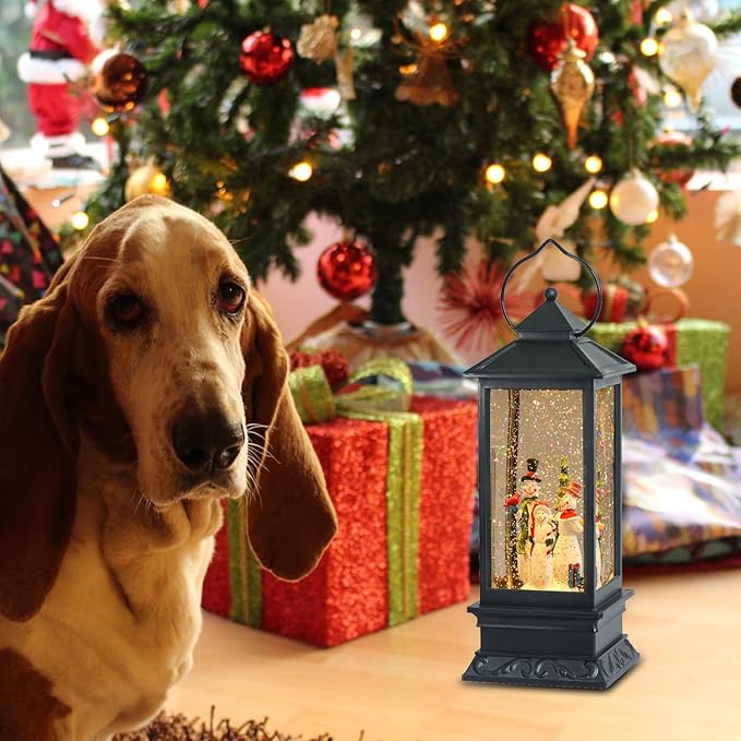 Eldnacele Singing Battery Operated Musical Lighted Christmas Snowman Water Glittering Swirling Snow Globe Lantern with Music Christmas Home Decoration and Gift, Snowman Family