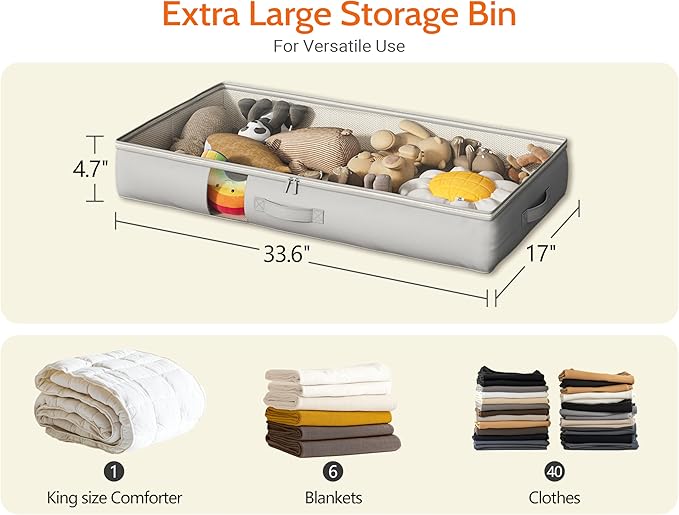 Under Bed Storage Containers with Window, Closet Organizers and Storage Bags, Foldable Underbed Storage Bags for Blankets, Clothing, Comforter, Linen Sheets, Wrapping Paper, 4 Pack, Grey