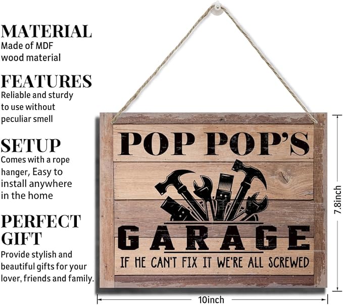 Rustic Sign, Father's Day Gift, Dad's Gift, Grandpa's Gift, Decor Hanging Wood Signs, Printed Wood Wall Art Sign, Pop Pop's Garage, If He Can't Fix It We're All Screwed, Vintage Sign Gift for Grandpa