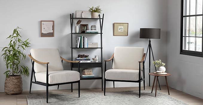 Modern Accent Chairs Set of 2 for Living Room Bedroom Mid Century Arm Chairs Upholstered Office Accent Chairs Comfy Waiting Room Chairs with Metal Frame, Cream White