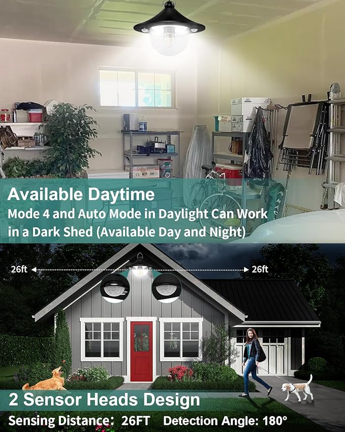 Solar Shed Light Outdoor Indoor 3000LM Solar Lights Daytime Available with Remote Control, Double Motion Sensor & 5 Lighting Modes, Solar Indoor Lights for Gazebo, Shed, Garage, Barn