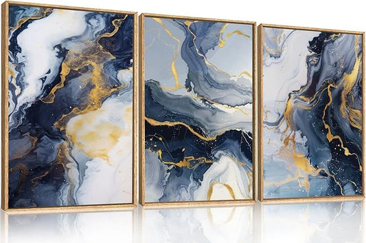 Blue and Gold Framed Canvas Wall Art Set, Mid-Century Modern Abstract Wall Decor, Navy Blue Ink Wash Painting, Neutral Art Print for Living Room, Bedroom, Dining Room, Office - 16"x24"x3