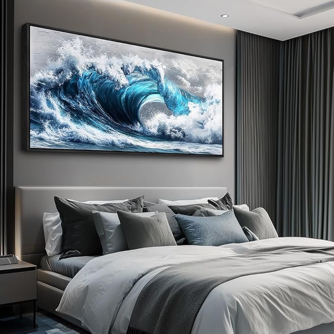 PHAOHUAXM Large Canvas Blue Wave Paintings Wall Art For Living Room Wall Decoration For Bedroom Ocean Wall Pictures Printing Office Decorations Posters Modern Home Decor Black Framed 30x60 In