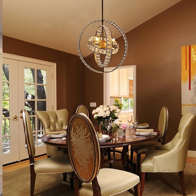 18" Crystal Globe Sputnik Chandelier, 6-Light Black Gold Modern Adjustable Hanging Ceiling Pendant Light Fixture for Entryway Foyer Stairway Bedroom Dining Living Room Hallway