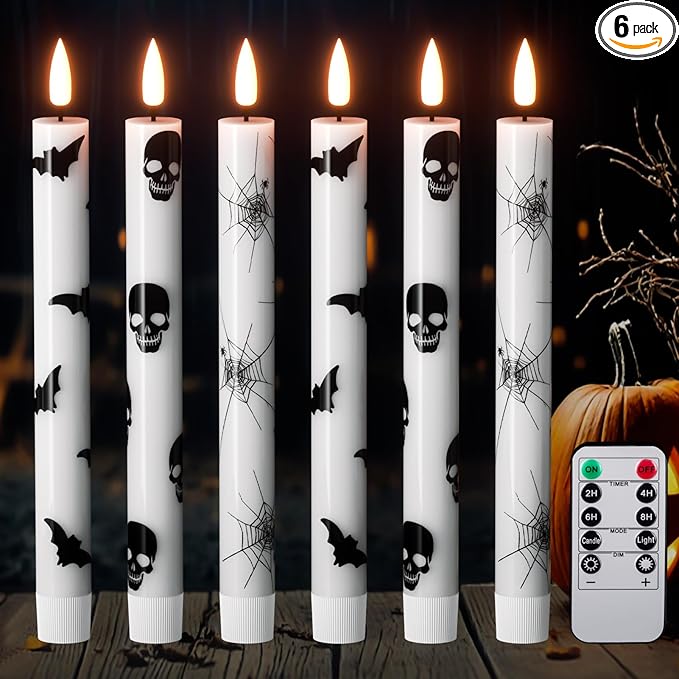 GenSwin Flameless Taper Candles with Remote Timer, 6Pcs LED Flickering Taper Candles Battery Operated Real Wax with Spider Webs/Skull/Bats Decals for Halloween Spooky Decoration (White, 0.78”x9.65”)