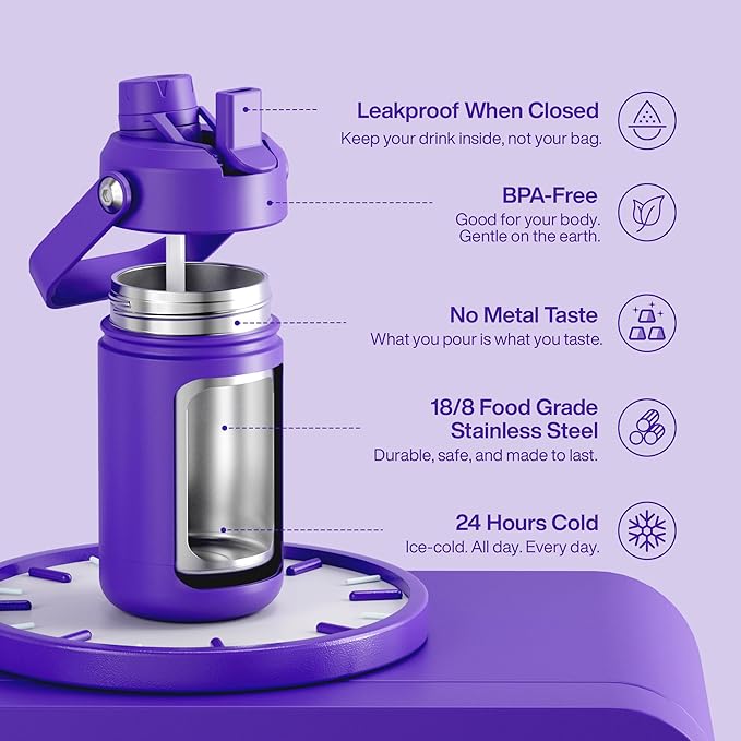 Kids Insualated Water Bottle with Straw - 12oz Stainless Steel Water Bottle with Dual Spouts, Leak-Proof, BPA-Free, Double Wall Vacuum Keeps Cold for 24 Hours for Sports, Travel, School (Violet)