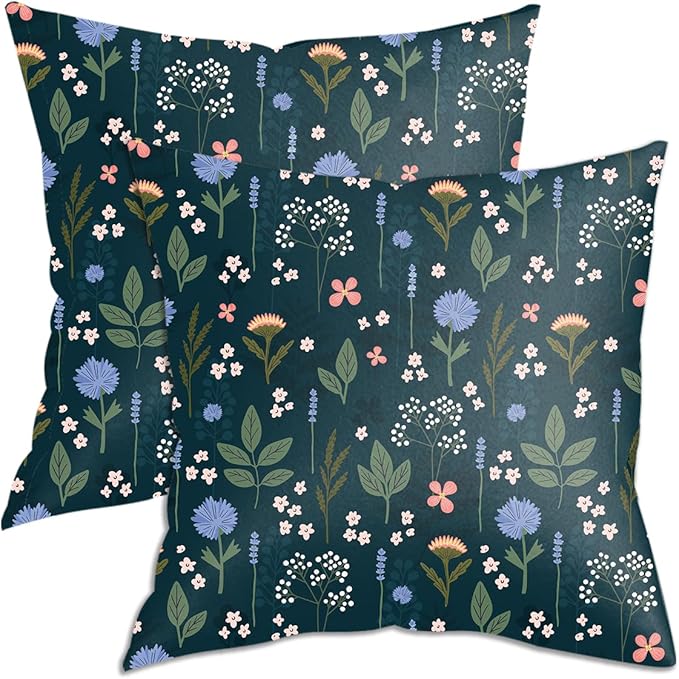 2 Pack Retro Forest Wildflower Throw Pillow Covers, 18x18 Pillow Cover, Decorative Couch Pillow Covers Flower Decor Pillowcase for Sofa Cushion Sofa Home Bedroom Bed Office Car Seat Living Room