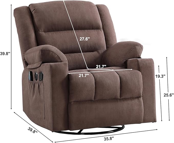 Rocker Recliner Chair with Heat and Massage, 360° Swivel Recliner Chairs for Adults, Heavy Duty Reclining Sofa Chair with USB Port Cup Holders Side Pockets for Living Room (Brown)