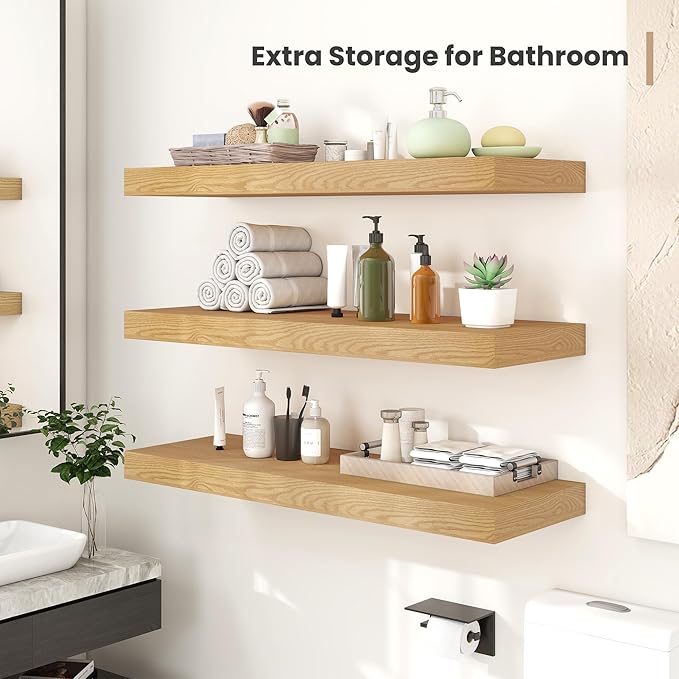 Heimlove 24 x 12 Inch Deep Floating Shelves Wall Mounted with Invisible Brackets,Storage Hanging Shelf for Wall Decor in Bathroom, Bedroom, Toilet, Kitchen, Living Room, Office Set of 2 (Oak)