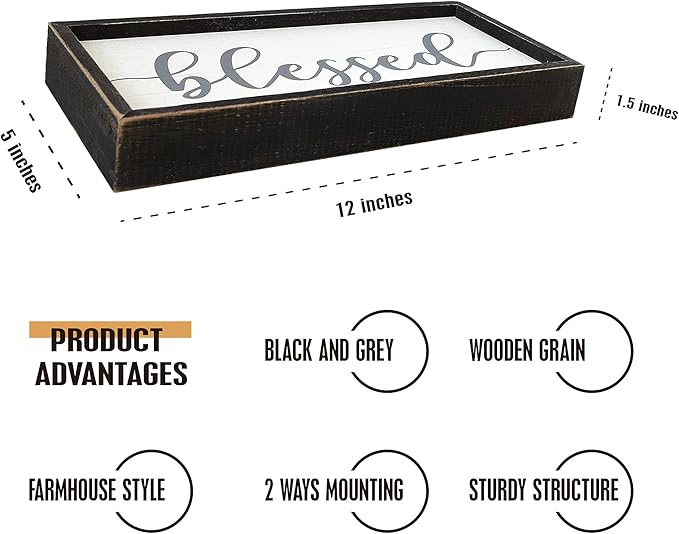 Rustic Blessed Freestanding Sign Home Decor for Living Room - Farmhouse Framed Blessed Wall Art Solid Wood Grey 12x5 Inches