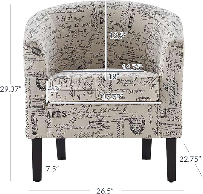 BELLEZE Accent Barrel Chair, Linen Round Chair Club Tub Sofa Corner Chair with Flared Legs and Cozy Soft Padding for Living Room Bedroom Waiting Room - Black & Beige