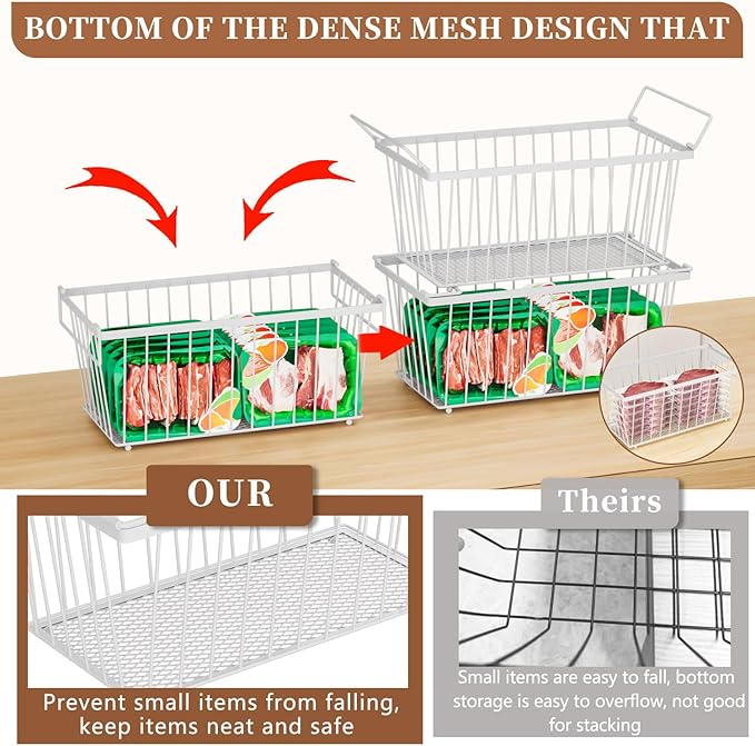 Freezer Organizer Bins ，Upgraded Bottom Leak-Proof net，4 Pack，Encryption and Hardening ，Deep Freezer Organizer Bins for 5 to 7 Cu.FT Small Chest Freezer， Easy Get Bottom Foods（white）