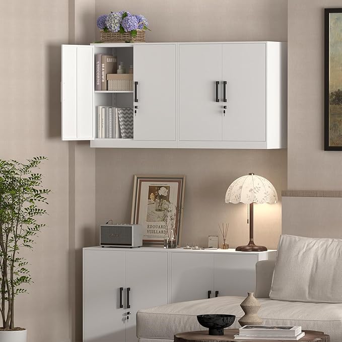 Wall Cabinet,Metal Storage Cabinet with 2 Doors,Locking Wall Cabinets for Office,Home,White