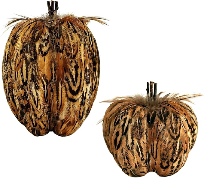 naturevibe 7.5/5.5 Inches Elegant Feathered Pumpkin Decor,Set of 2 Thanksgiving Decorations Natural Feather Pumpkins as Fall Home Decor,Centerpieces for Tables or Autumn Harvest Gifts