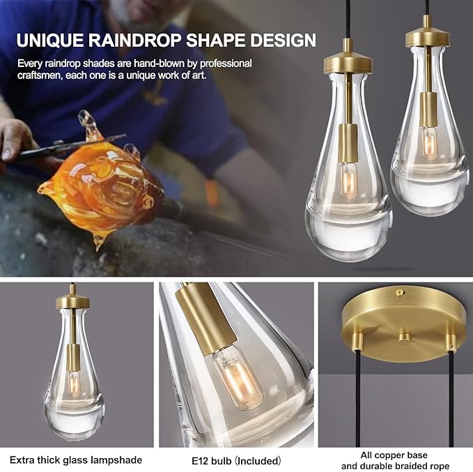 Brass Raindrop Pendant Lights Kitchen Island 2-Light, Cluster Gold Pendant Light Fixture for Bedroom, Dimmable Dining Room Light Fixture Hanging Pendant Lighting Ceiling Chandelier for Foyer