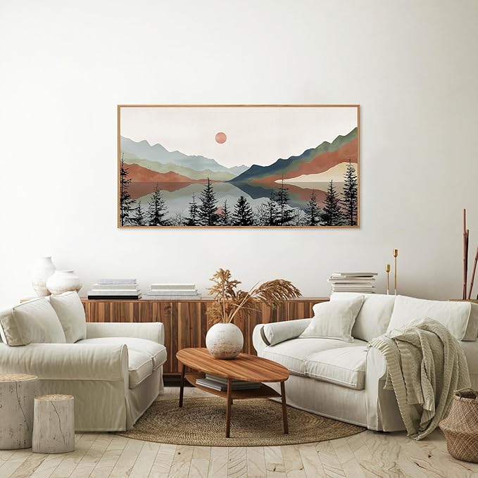 Tinonedraw Boho Mountain Framed Canvas Wall Art Set, Watercolor Nature Landscape Wall Decor, Neutral Modern Sunrise Artwork, Black Pine Trees Forest Art Prints for Living Room Bedroom Office 20"x40"