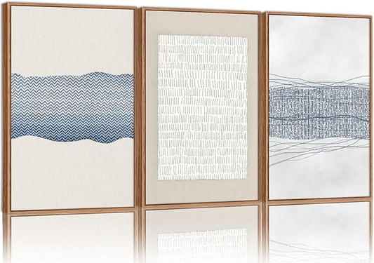 SIGNINART Large Abstract Framed Canvas Wall Art Set of 3, Minimalist Boho Line Art Prints, Modern Neutral Aesthetic Wall Decor, Blue and White Art Paintings for Living Room, Bedroom, Office 16"x24"