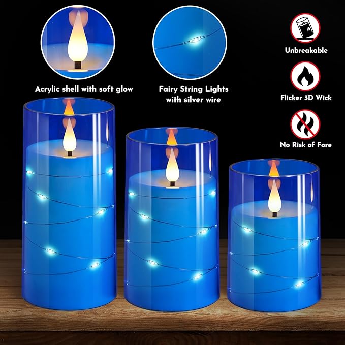 NURADA Flickering Flameless Candles: 3D Wick Built-in Star String Lights Acrylic Unbreakable Battery Operated LED Pillar Candles with Remote and Timer - 3 Pack for Wedding Valentine's Day Decor