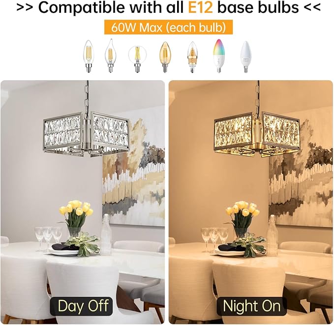 12” 4-Light Modern Crystal Chandeliers Nickel Dinning Room Light Fixture, Square Pendant Light Kitchen Island Chandelier, Flush Mount Ceiling Light for Living Room Entryway Bedroom Foyer