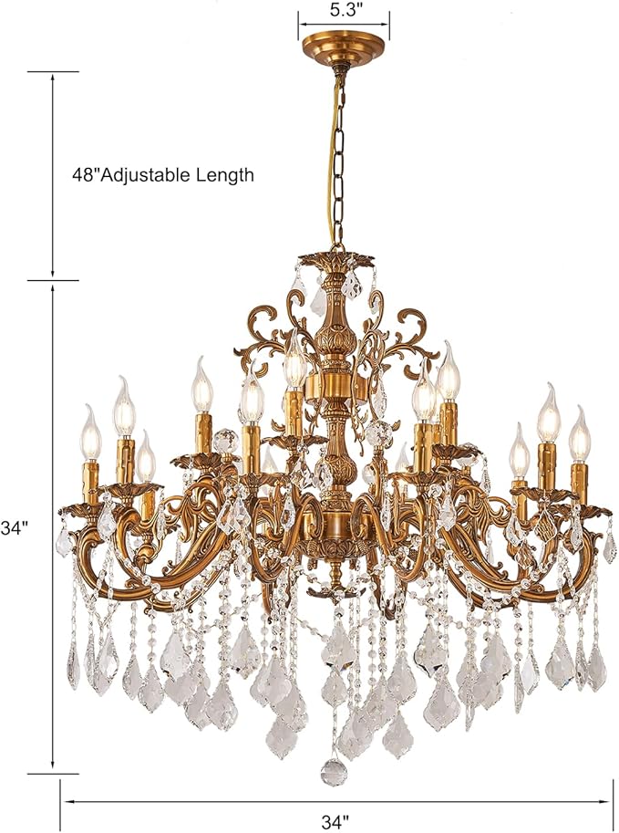 Vintage 10 Arms Crystal Chandelier Candle Light Fixture for Dining Room Living Room Bedroom Hallway Entryway Antique Gold Finish (34"-15 Lights)