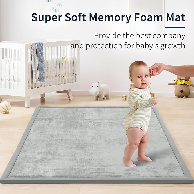 ACOMOPACK Baby Play Mat for Floor 1.3" Thick Memory Foam Play Mat 79"×157 Tummy Time Crawling with Non-Slip Bottom for Living Room,Nursery,Soft Velvet Playpen Mats for Kids,Infants（Light Grey）