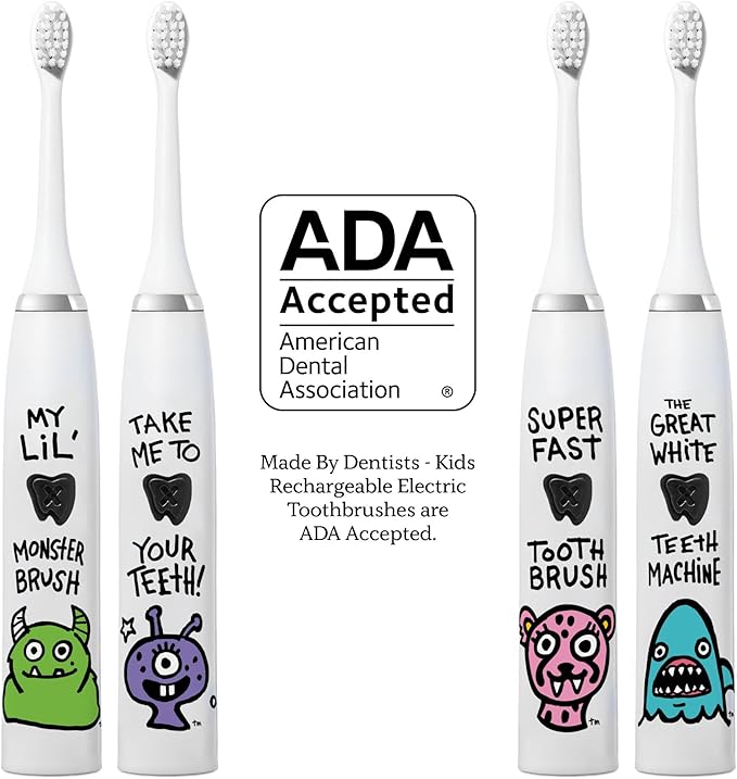 Kids Electric Toothbrush - Rechargeable Vibrating Toothbrush with Timer, Includes 6 Replacement Heads, Gently Cleans Teeth, for Girls and Boys, Kids & Toddlers Age 2+, Monster