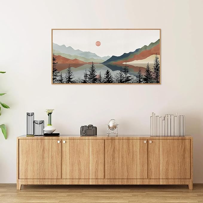 Tinonedraw Boho Mountain Framed Canvas Wall Art Set, Watercolor Nature Landscape Wall Decor, Neutral Modern Sunrise Artwork, Black Pine Trees Forest Art Prints for Living Room Bedroom Office 20"x40"