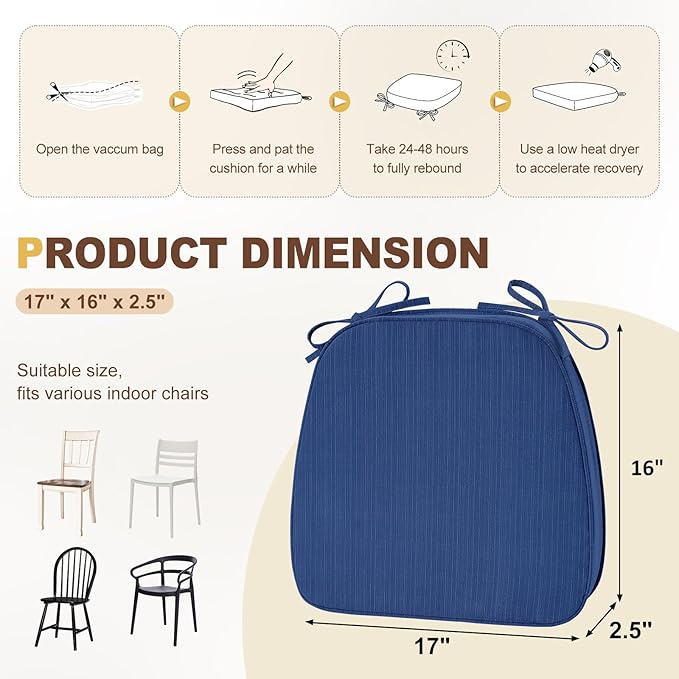 downluxe Chair Cushions for Dining Chairs, Waterproof Kitchen Chair Pads, Non-Slip Dining Seat Cushion with Ties, 17" x 16" x 2.5", Blue, 4 Pack
