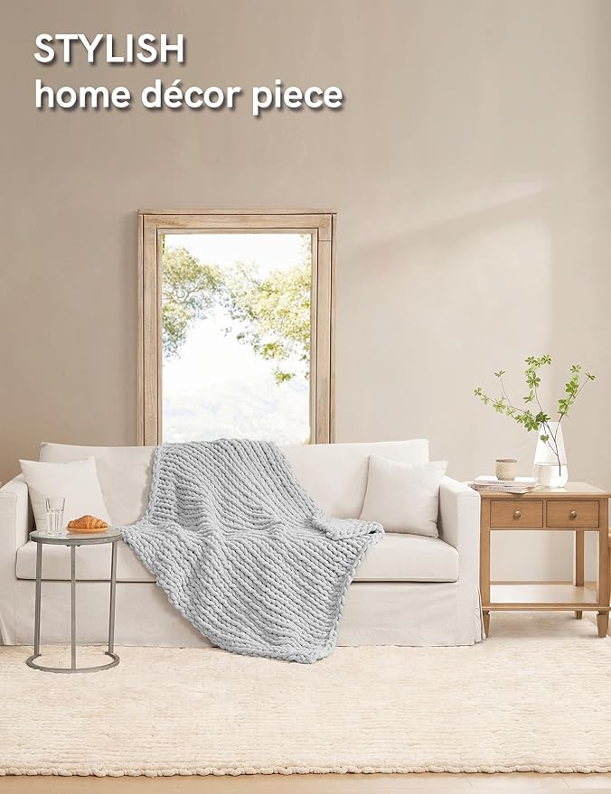 YnM Chunky Throw Blanket, Hand Knitted with Chenille Yarn, Skin Friendly, Ventilated and Breathable, Machine Washable, Home Décor Piece for Couch, Sofa and Bed (Glacier Grey, 40x50 Inch)