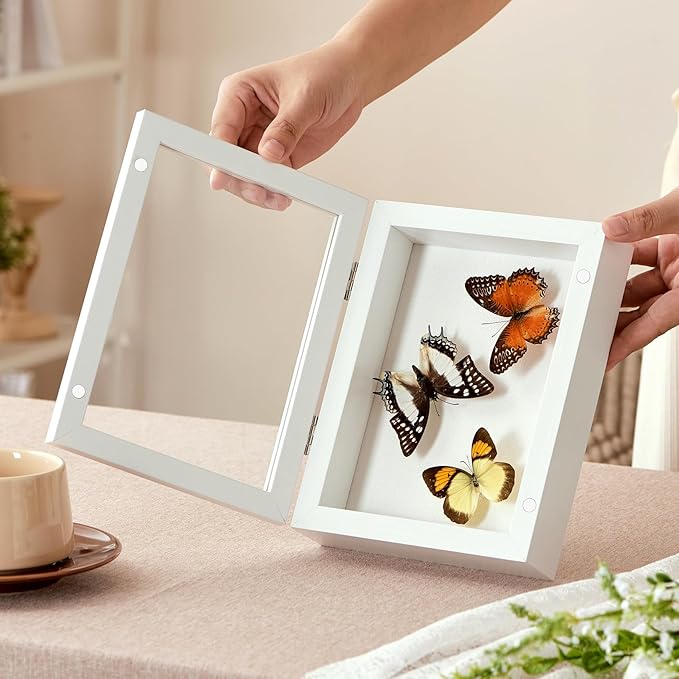 5x7 Deep Shadow Box Picture Frame Display Case with Linen Back and Stand,Real Glass Small Mini White Shadow Memory Box Frame 5x5 for Insect Display Pet Photo Memorial Flower Art Craft Gift