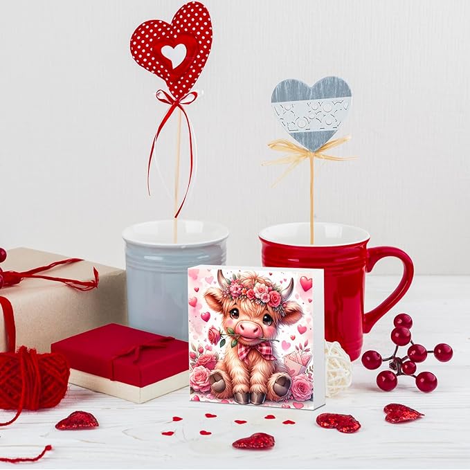 Valentines Day Decor Valentines Day Decorations Valentines Day Office Decor Valentines Day Table Decor Pink Valentines Day Decorations Highland Cow Gifts for Boyfriend Girlfriend, Wooden Decor Sign