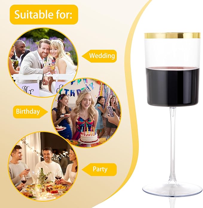 Ciaell 12 Pack Plastic Wine Glasses - 14 Oz Plastic Wine Glasses with Stem - Square Gold Disposable Stemmed Glass for Parties & Weddings & Outdoors & Thanksgiving