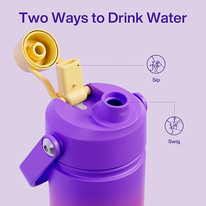 Kids Insualated Water Bottle with Straw - 12oz Stainless Steel Water Bottle with Dual Spouts, Leak-Proof, BPA-Free, Double Wall Vacuum Keeps Cold for 24 Hours for Sports, Travel, School (Peach Dream)