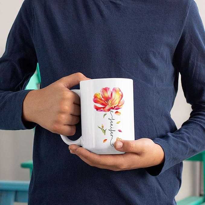Personalized Flower Blossom Decorative Mug, Custom Name On Flower Coffee Cup, Novelty Floral Accent Mug 11oz 15oz, Customized Flower Lover Ceramic Cup, Gift For Friend Coworker