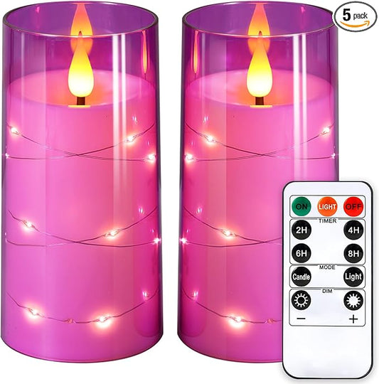 NURADA 3"x6"Flickering Flameless Candles: Built-in Star String Lights 3D Wick Battery Operated LED Pillar Candles with Remote and Timer for Table Wedding Centerpieces Party - 2 Pack Purple