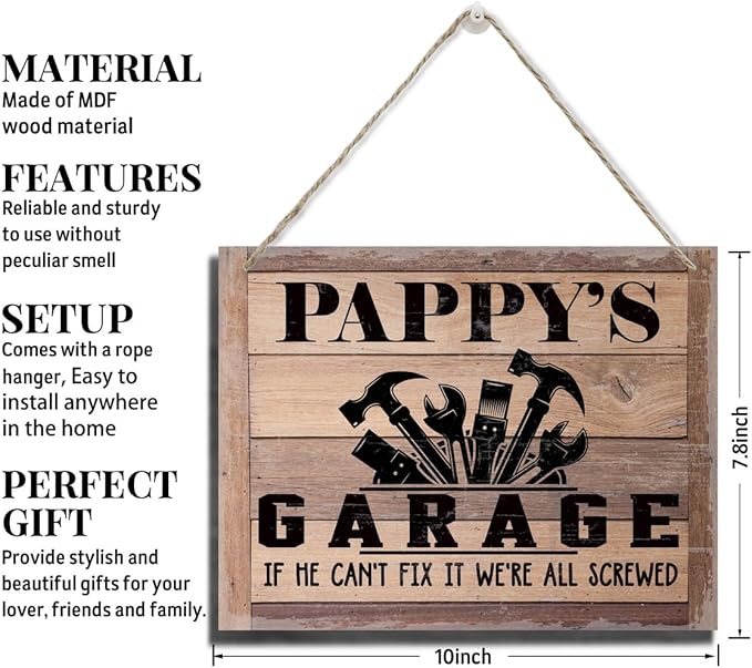 Rustic Sign, Father's Day Gift, Dad's Gift, Grandpa's Gift, Decor Hanging Wood Signs, Printed Wood Wall Art Sign, Pappy's Garage, If He Can't Fix It We're All Screwed, Vintage Sign Gift for Grandpa