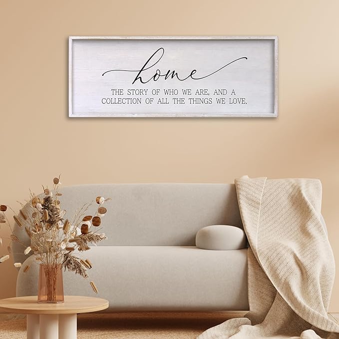 Home The Story of Who We Are Sign Farmhouse Family Wall Decor 32x12 Inch Plaque Wood Framed Art for Hanging (White)