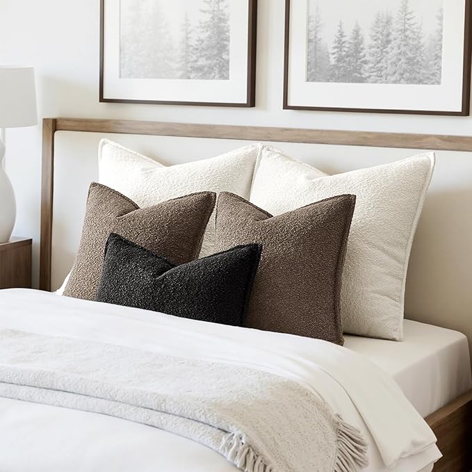 MIULEE Pack of 2 Decorative Textured Boucle Throw Pillow Covers 22x22 Inch Dark Brown Broadside Thick Boho Pillows for Farmhouse Accents Sofa Couch Bedroom Living Room Home Decor