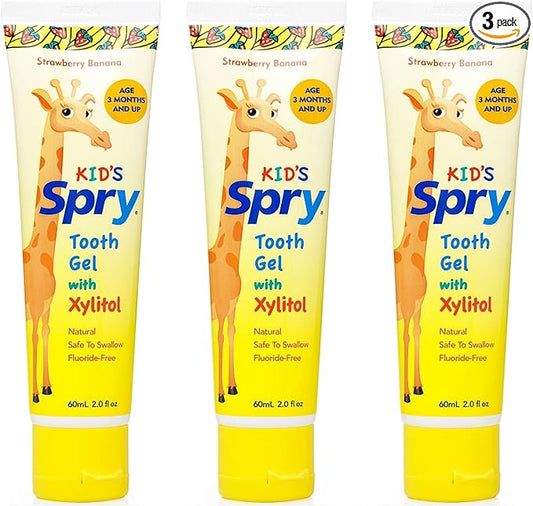 Spry Natural Xylitol Toothpaste for Baby, Toddler and Kids Age 3 Months and Up - Fluoride Free Tooth Gel, Tasty, Support Development of Emerging Teeth, Strawberry Banana 2 Fl Oz (Pack of 3)
