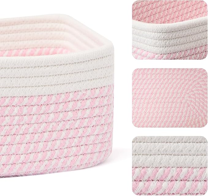 Small Storage Baskets for Organizing | Closet Organizer Bins | Shelf Toy Basket | Woven Rope Baskets | Cube Decorative Box | Shallow Basket | 11.5x7.5x4.7” | 4 Packs White Pink