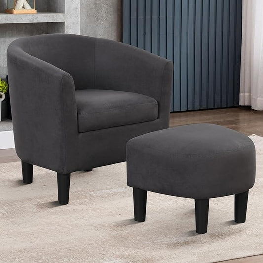 INZOY Modern Accent Chair with Ottoman for Small Space, Club Chair with Ottoman Set, Comfy Fabric Barrel Reading Chairs for Living Room Bedroom, Round Reading Chair with Foot Rest, Dark Grey